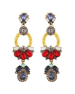 Rhinestone Embellished Assorted Flowers Linked Dangling Costume Earrings