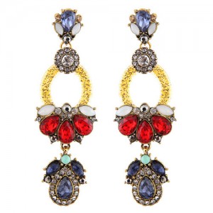 Rhinestone Embellished Assorted Flowers Linked Dangling Costume Earrings