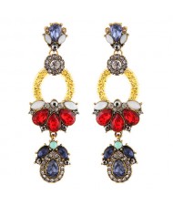 Rhinestone Embellished Assorted Flowers Linked Dangling Costume Earrings