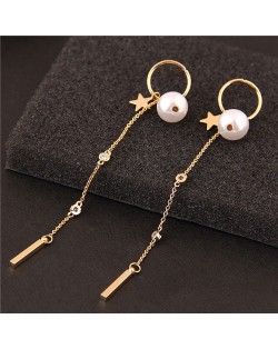 Star and Pearl Decorated Long Tassel Chain Design Women Fashion Earrings