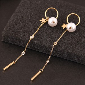 Star and Pearl Decorated Long Tassel Chain Design Women Fashion Earrings