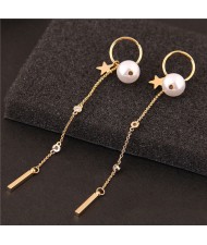 Star and Pearl Decorated Long Tassel Chain Design Women Fashion Earrings