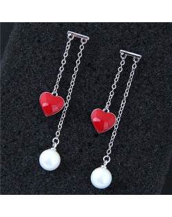 Red Heart and Pearl Pendants Korean Fashion Women Earrings - Silver