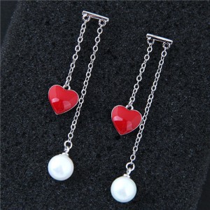 Red Heart and Pearl Pendants Korean Fashion Women Earrings - Silver