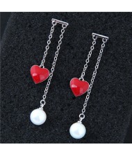 Red Heart and Pearl Pendants Korean Fashion Women Earrings - Silver