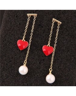 Red Heart and Pearl Pendants Korean Fashion Women Earrings - Golden