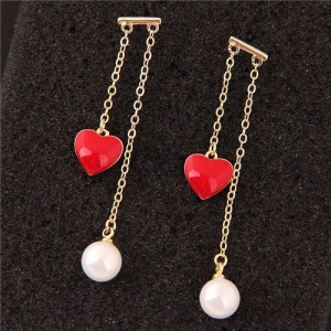 Red Heart and Pearl Pendants Korean Fashion Women Earrings - Golden