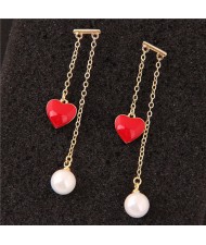 Red Heart and Pearl Pendants Korean Fashion Women Earrings - Golden