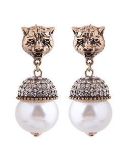 Leopard Head with Shining Rhinestone Pearl Pendant Vintage Style Women Statement Earrings