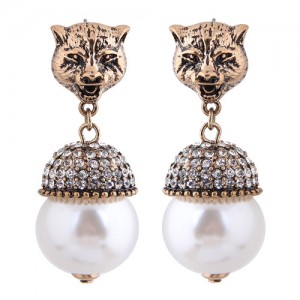 Leopard Head with Shining Rhinestone Pearl Pendant Vintage Style Women Statement Earrings