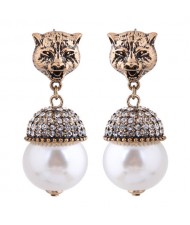 Leopard Head with Shining Rhinestone Pearl Pendant Vintage Style Women Statement Earrings