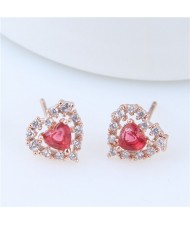 Cubic Zirconia Graceful Heart Shape Korean Fashion Copper Earrings - Golden