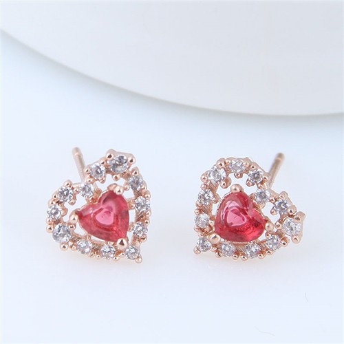 Cubic Zirconia Graceful Heart Shape Korean Fashion Copper Earrings - Golden