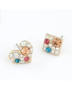 Korean Fashion Colorful Czech Rhinestones Heart and Square Asymmetric Earrings