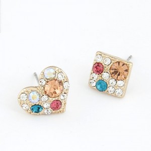 Korean Fashion Colorful Czech Rhinestones Heart and Square Asymmetric Earrings