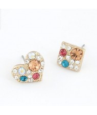 Korean Fashion Colorful Czech Rhinestones Heart and Square Asymmetric Earrings