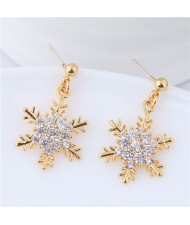 Delicate Cubic Zirconia Inlaid Snow Flakes Design Fashion Costume Earrings - Golden