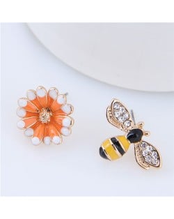 Rhinestone Embellished Oil-spot Glazed Bee and Flower Design Asymetric Fashion Women Statement Earrings