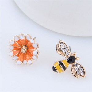Rhinestone Embellished Oil-spot Glazed Bee and Flower Design Asymetric Fashion Women Statement Earrings