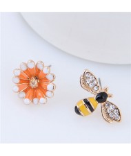 Rhinestone Embellished Oil-spot Glazed Bee and Flower Design Asymetric Fashion Women Statement Earrings