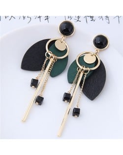 Korean Fashion Wooden Leaves and Hoop Tassel Design Women Costume Earrings - Green