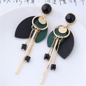Korean Fashion Wooden Leaves and Hoop Tassel Design Women Costume Earrings - Green