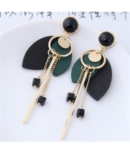 Korean Fashion Wooden Leaves and Hoop Tassel Design Women Costume Earrings - Green