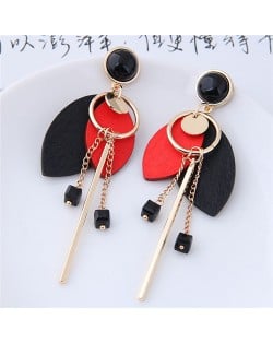 Korean Fashion Wooden Leaves and Hoop Tassel Design Women Costume Earrings - Red