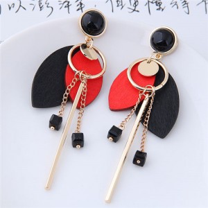 Korean Fashion Wooden Leaves and Hoop Tassel Design Women Costume Earrings - Red
