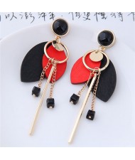 Korean Fashion Wooden Leaves and Hoop Tassel Design Women Costume Earrings - Red