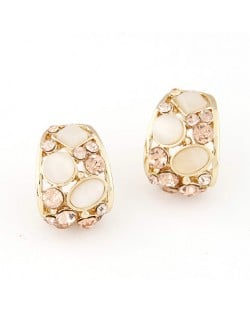 Korean Fashion Opal Decorated Hollow Ear Studs - White