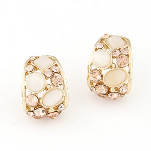 Korean Fashion Opal Decorated Hollow Ear Studs - White