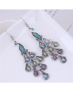 Rhinestone Embellished Vintage Peacock Dangling Fashion Statement Earrings - Silver