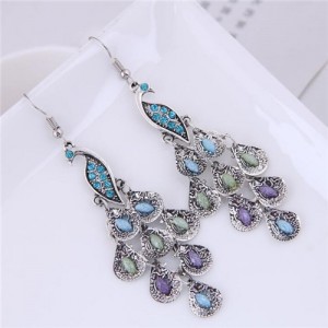 Rhinestone Embellished Vintage Peacock Dangling Fashion Statement Earrings - Silver