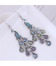 Rhinestone Embellished Vintage Peacock Dangling Fashion Statement Earrings - Silver