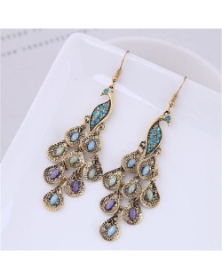 Rhinestone Embellished Vintage Peacock Dangling Fashion Statement Earrings - Golden