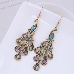 Rhinestone Embellished Vintage Peacock Dangling Fashion Statement Earrings - Golden