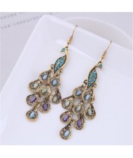 Rhinestone Embellished Vintage Peacock Dangling Fashion Statement Earrings - Golden