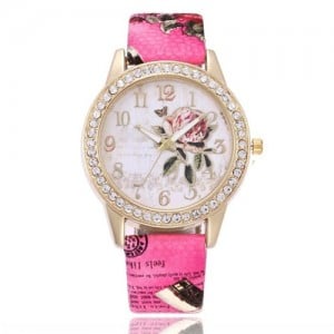 9 Colors Available Rhinestone Embellished Flower and Butterfly Fashion Index Design Wrist Watch