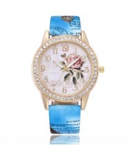 9 Colors Available Rhinestone Embellished Flower and Butterfly Fashion Index Design Wrist Watch