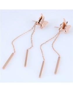 Dangling Chain with Sticks Graceful Butterfly Design Stainless Steel Earrings