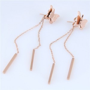 Dangling Chain with Sticks Graceful Butterfly Design Stainless Steel Earrings