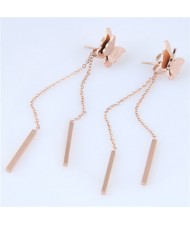 Dangling Chain with Sticks Graceful Butterfly Design Stainless Steel Earrings