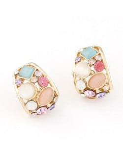 Korean Fashion Opal Decorated Hollow Ear Studs - Multicolor