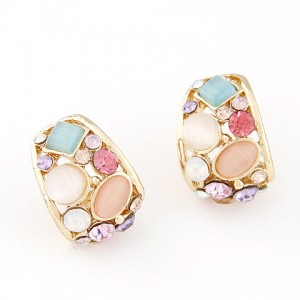 Korean Fashion Opal Decorated Hollow Ear Studs - Multicolor