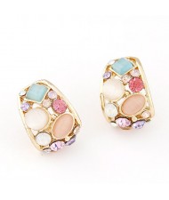 Korean Fashion Opal Decorated Hollow Ear Studs - Multicolor