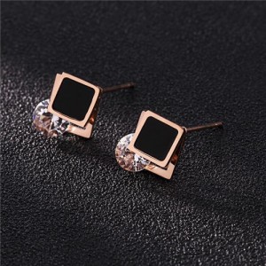 Cubic Zirconia Embellished Square Fashion Stainless Steel Earrings