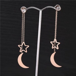 Dangling Stars and Moon Design Tassel Fashion Stainless Steel Earrings