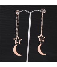 Dangling Stars and Moon Design Tassel Fashion Stainless Steel Earrings