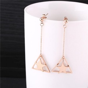 Dangling Star Inlaid Triangle Design Tassel Fashion Stainless Steel Earrings